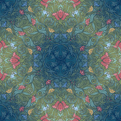 Decorative flower composition with stylized red poppies and bluebells. Medieval gothic style seamless pattern. EPS10 vector illustration