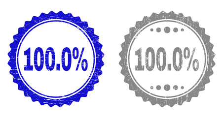 100.0% stamp seals with distress texture in blue and grey colors isolated on white background. Vector rubber overlay of 100.0% title inside round rosette. Stamp seals with grunge styles.
