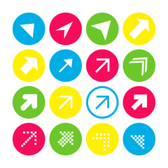 Set of 16 arrows with the north-east direction. Arrow buttons on white background in crimson, blue, yellow and transparent circles
