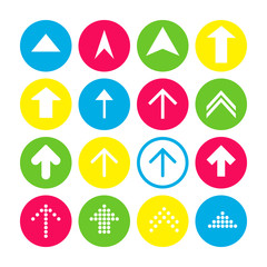 Set of 16 up arrow with north direction. Arrow buttons on white background in crimson, blue, yellow and transparent circles