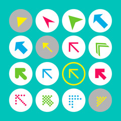 Set of 16 arrow icons with north-west direction. Arrow buttons on turquoise background in white, gray and transparent circles