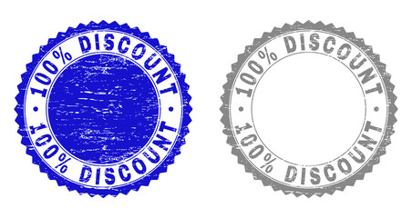 100% DISCOUNT stamp seals with grunge texture in blue and gray colors isolated on white background. Vector rubber overlay of 100% DISCOUNT text inside round rosette. Stamp seals with grunge textures.
