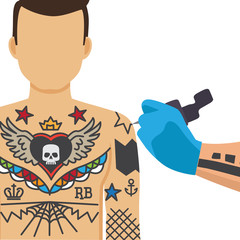 Tattooing process. Tattoo artist drawing on man hand with tattoo machine, tattooist studio vector illustration