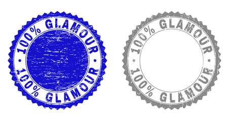 100% GLAMOUR stamp seals with distress texture in blue and gray colors isolated on white background. Vector rubber imprint of 100% GLAMOUR text inside round rosette.