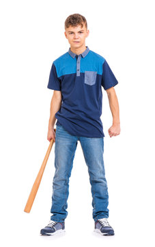 Full Length Portrait Of Young Caucasian Teen Boy Holding A Baseball Bat. Funny Teenager Hooligan Looking At Camera, Isolated On White Background. Handsome Child Playing Baseball.