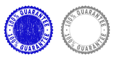 100% GUARANTEE stamp seals with distress texture in blue and grey colors isolated on white background. Vector rubber watermark of 100% GUARANTEE label inside round rosette.