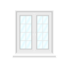 White double window frame on white background with blue glasses