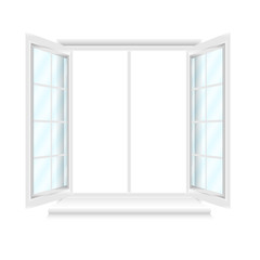 Opened white window with blue glasses on white background