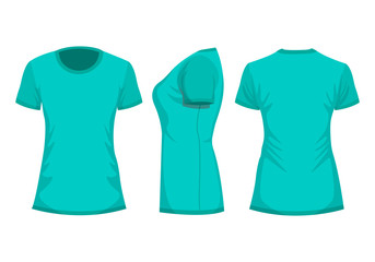 Turquoise woman's t-shirt template in front, back and side views