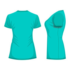 Turquoise woman's t-shirt template in back and side views
