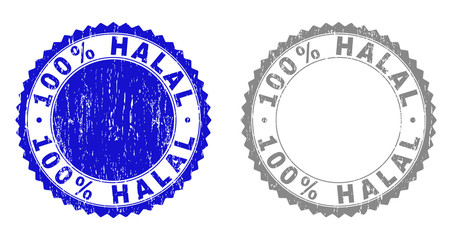 100% HALAL stamp seals with distress texture in blue and grey colors isolated on white background. Vector rubber imitation of 100% HALAL label inside round rosette. Stamp seals with grunge textures.