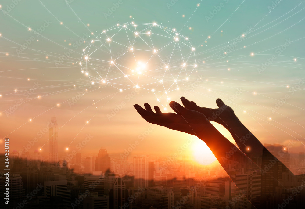 Poster Abstract palm hands touching digital brain with network connections, telecommunication, innovative technology in science and communication concept .