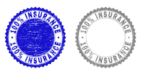 100% INSURANCE stamp seals with grunge texture in blue and gray colors isolated on white background. Vector rubber imprint of 100% INSURANCE caption inside round rosette.