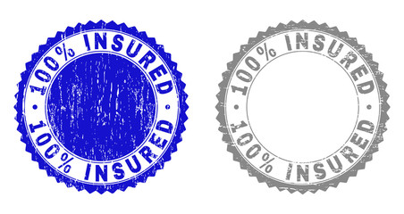 100% INSURED stamp seals with distress texture in blue and grey colors isolated on white background. Vector rubber imprint of 100% INSURED text inside round rosette. Stamp seals with dust textures.