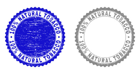 100% NATURAL TOBACCO stamp seals with grunge texture in blue and grey colors isolated on white background. Vector rubber imprint of 100% NATURAL TOBACCO title inside round rosette.