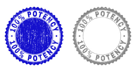 100% POTENCY stamp seals with grunge texture in blue and grey colors isolated on white background. Vector rubber watermark of 100% POTENCY caption inside round rosette.