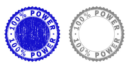 100% POWER stamp seals with grunge texture in blue and gray colors isolated on white background. Vector rubber watermark of 100% POWER caption inside round rosette. Stamp seals with grunge styles.