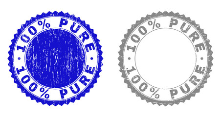 100% PURE stamp seals with distress texture in blue and grey colors isolated on white background. Vector rubber overlay of 100% PURE caption inside round rosette. Stamp seals with scratched styles.