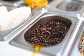 Footage cooking natural ice cream close up Stir fried roll, concept, space for text,