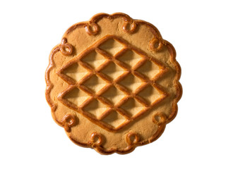 One cookie in a saucer on white background