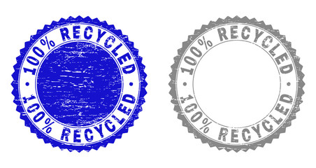 100% RECYCLED stamp seals with grunge texture in blue and grey colors isolated on white background. Vector rubber imitation of 100% RECYCLED caption inside round rosette.
