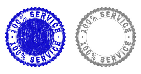 100% SERVICE stamp seals with distress texture in blue and gray colors isolated on white background. Vector rubber imprint of 100% SERVICE caption inside round rosette. Stamp seals with dirty styles.