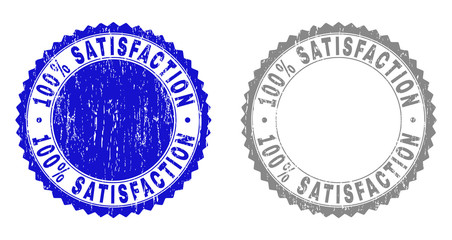 100% SATISFACTION stamp seals with grunge texture in blue and gray colors isolated on white background. Vector rubber imitation of 100% SATISFACTION title inside round rosette.