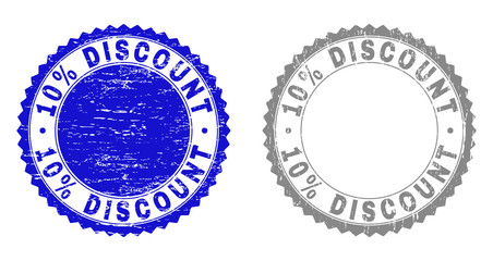 10% DISCOUNT stamp seals with distress texture in blue and gray colors isolated on white background. Vector rubber overlay of 10% DISCOUNT caption inside round rosette. Stamp seals with dust textures.