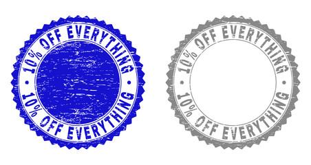 10% OFF EVERYTHING stamp seals with distress texture in blue and grey colors isolated on white background. Vector rubber watermark of 10% OFF EVERYTHING label inside round rosette.