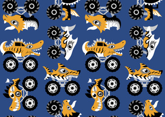 Scary animal monster trucks seamless vector pattern on dark blue background.   © MirabellePrint