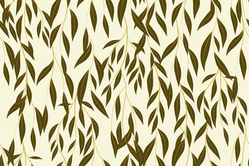 Autumn Seamless Pattern with Eucalyptus Leaves. Foliage Natural Branches. Decorative Background in Vintage Style. Seamless Eucalyptus Pattern for Fabric, Textile, Wrapping Paper, Cloth, Dress, Print.