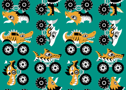 Scary animal monster truck vector set on blue background.  