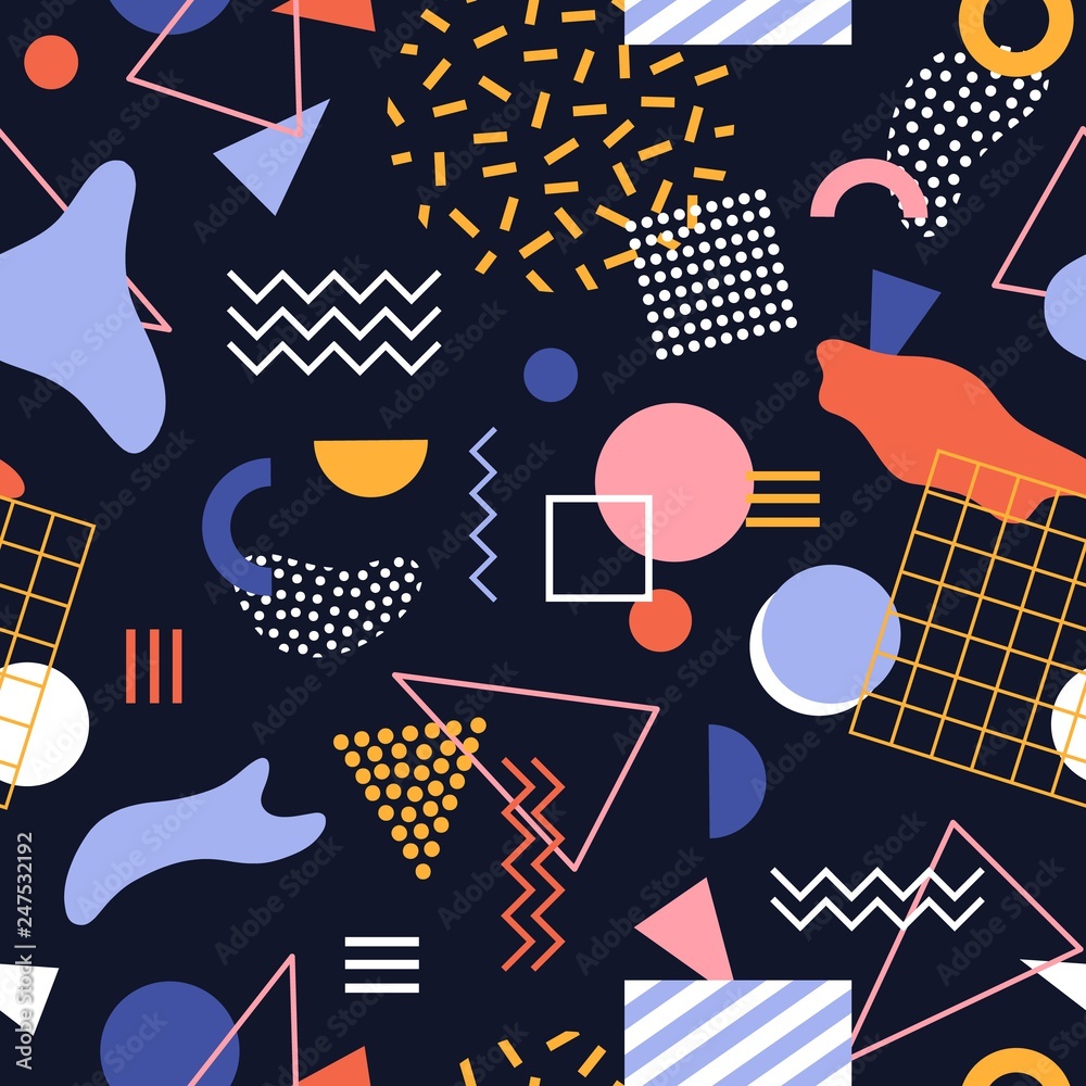 Aufkleber Seamless pattern with geometric shapes, stains, zigzag lines and dots on black background. Modern abstract backdrop. Vector illustration in retro style for wrapping paper, wallpaper, fabric print.