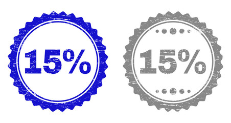 15% stamp seals with grunge texture in blue and grey colors isolated on white background. Vector rubber imprint of 15% tag inside round rosette. Stamp seals with dust textures.