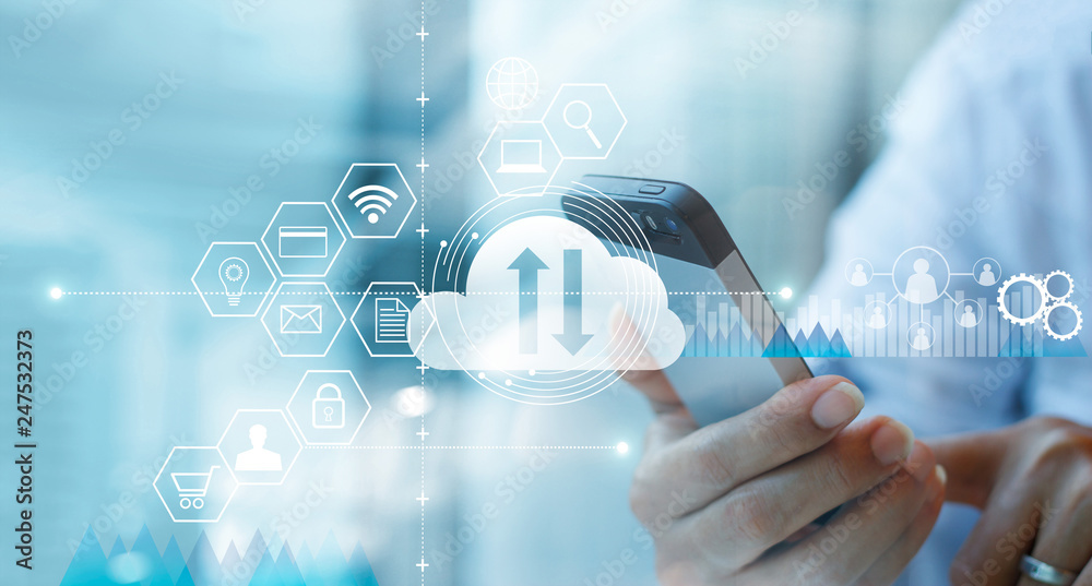 Poster .Businessman using mobile smartphone and connecting cloud computing service with icon customer network connection.  Cloud device online storage. Cloud technology internet networking concept.
