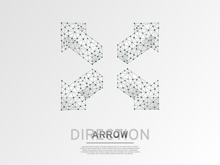 Arrow cross, extend, cross arrow, four-way arrow sign wireframe digital 3d illustration. Low poly crossway choice concept with lines dots on white background. Vector origami style polygonal road guide