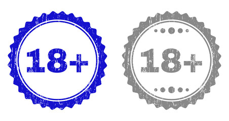 18+ stamp seals with distress texture in blue and gray colors isolated on white background. Vector rubber overlay of 18+ label inside round rosette. Stamp seals with dust styles.
