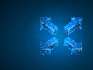 Arrow cross, extend, resize, Cross arrow sign. Four-way arrow wireframe digital 3d illustration. Low poly crossway choice concept with lines, dots on blue background. Raster neon polygonal road guide