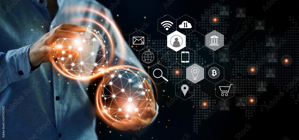 Aufkleber Abstract network. Man holding global structure networking and data exchanges with icon customer connection on dark background, Digital marketing, banking and cloud computing.