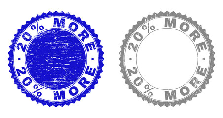 20% MORE stamp seals with grunge texture in blue and gray colors isolated on white background. Vector rubber imitation of 20% MORE text inside round rosette. Stamp seals with retro styles.