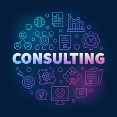 Consulting vector round colorful outline illustration on dark background