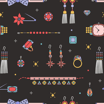 Seamless pattern with stylish expensive jewelry and accessories on black background - earrings, necklace, bracelet, brooch, pendant, bow tie