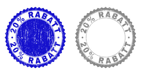 20% RABATT stamp seals with distress texture in blue and gray colors isolated on white background. Vector rubber imprint of 20% RABATT text inside round rosette. Stamp seals with dirty textures.