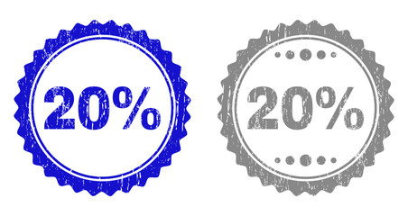20% stamps with grunge texture in blue and gray colors isolated on white background. Vector rubber overlay of 20% title inside round rosette. Stamp seals with retro styles.