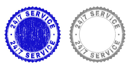 24/7 SERVICE stamp seals with distress texture in blue and grey colors isolated on white background. Vector rubber overlay of 24/7 SERVICE caption inside round rosette. Stamp seals with dust textures.