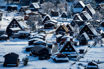 Aerial view of Shirakawago village in winter, Gifu, Japan