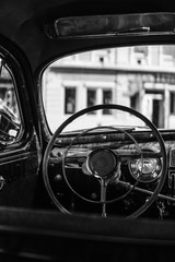 Retro car, retro torpedo car, vintage steering wheel, speedometer, recorder, clock, wooden,