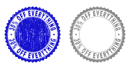 30% OFF EVERYTHING stamp seals with distress texture in blue and gray colors isolated on white background. Vector rubber imprint of 30% OFF EVERYTHING title inside round rosette.