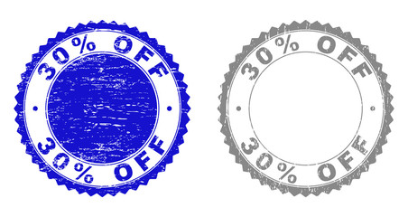 30% OFF stamp seals with grunge texture in blue and grey colors isolated on white background. Vector rubber overlay of 30% OFF label inside round rosette. Stamp seals with unclean styles.