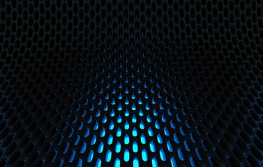 Metal mesh grild. Abstract 3d rendering background in high resolution. 3d render of  black carbon grid with orange light.